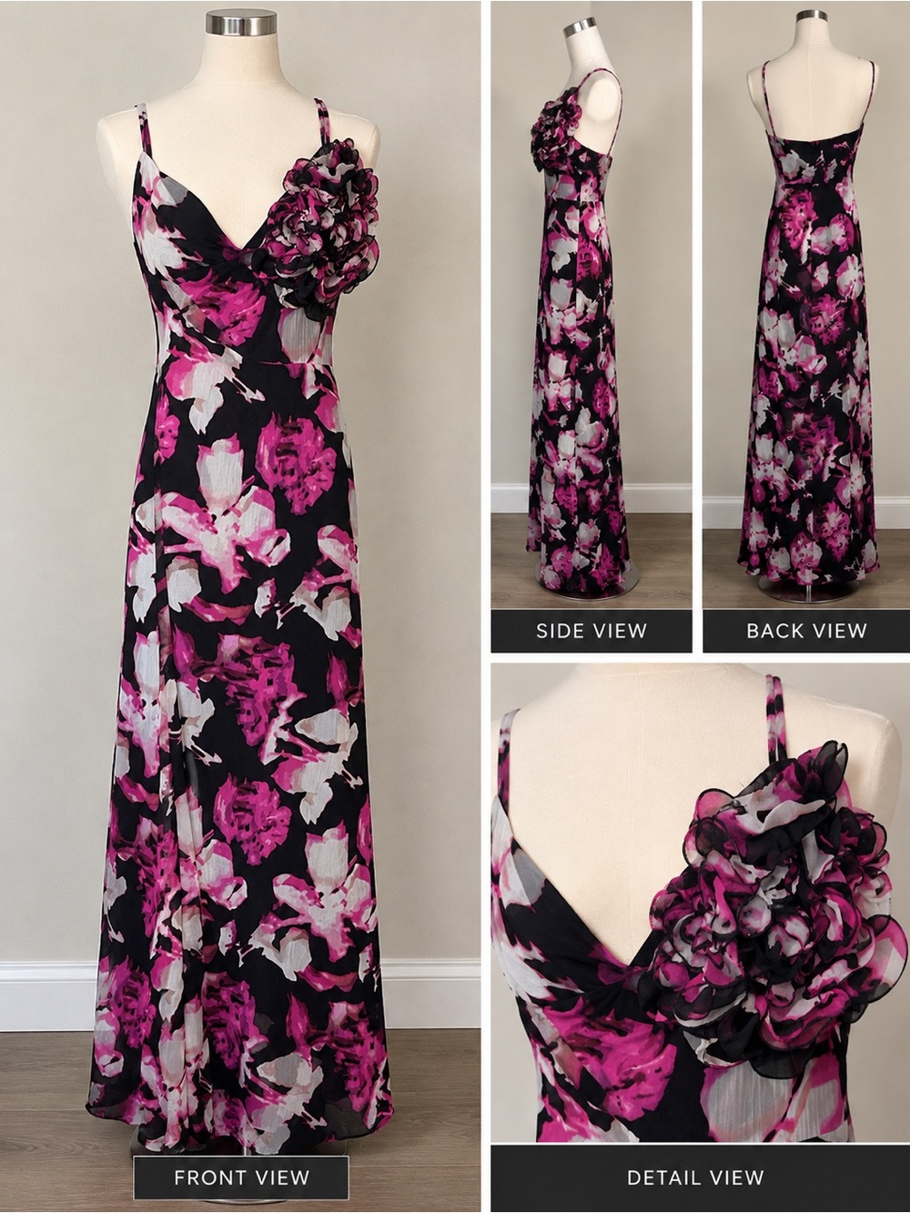 Black and Pink Floral Maxi Dress with Ruffle Accent
